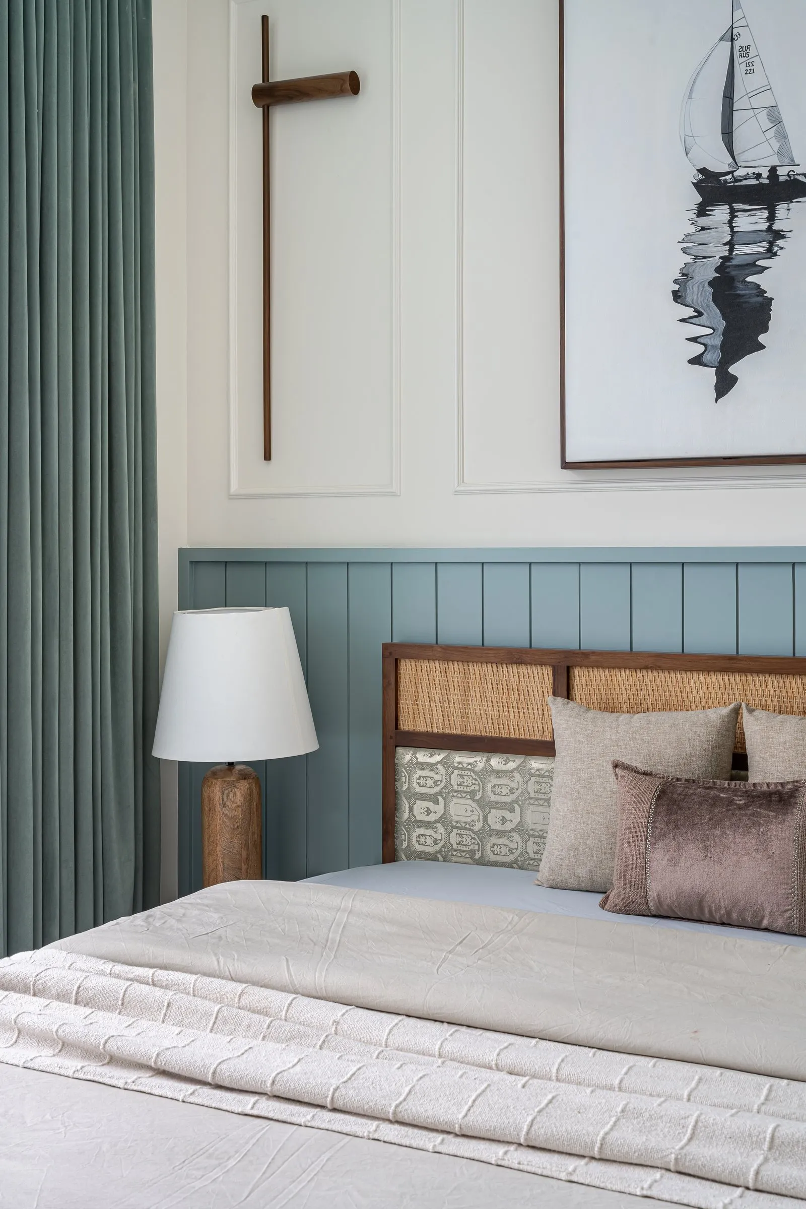 Bedroom with powder-blue panelling