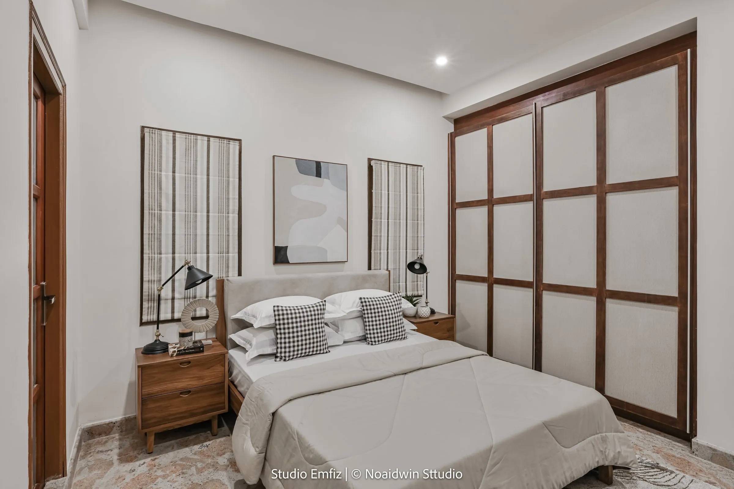 Bedroom with a wooden grid wardrobe