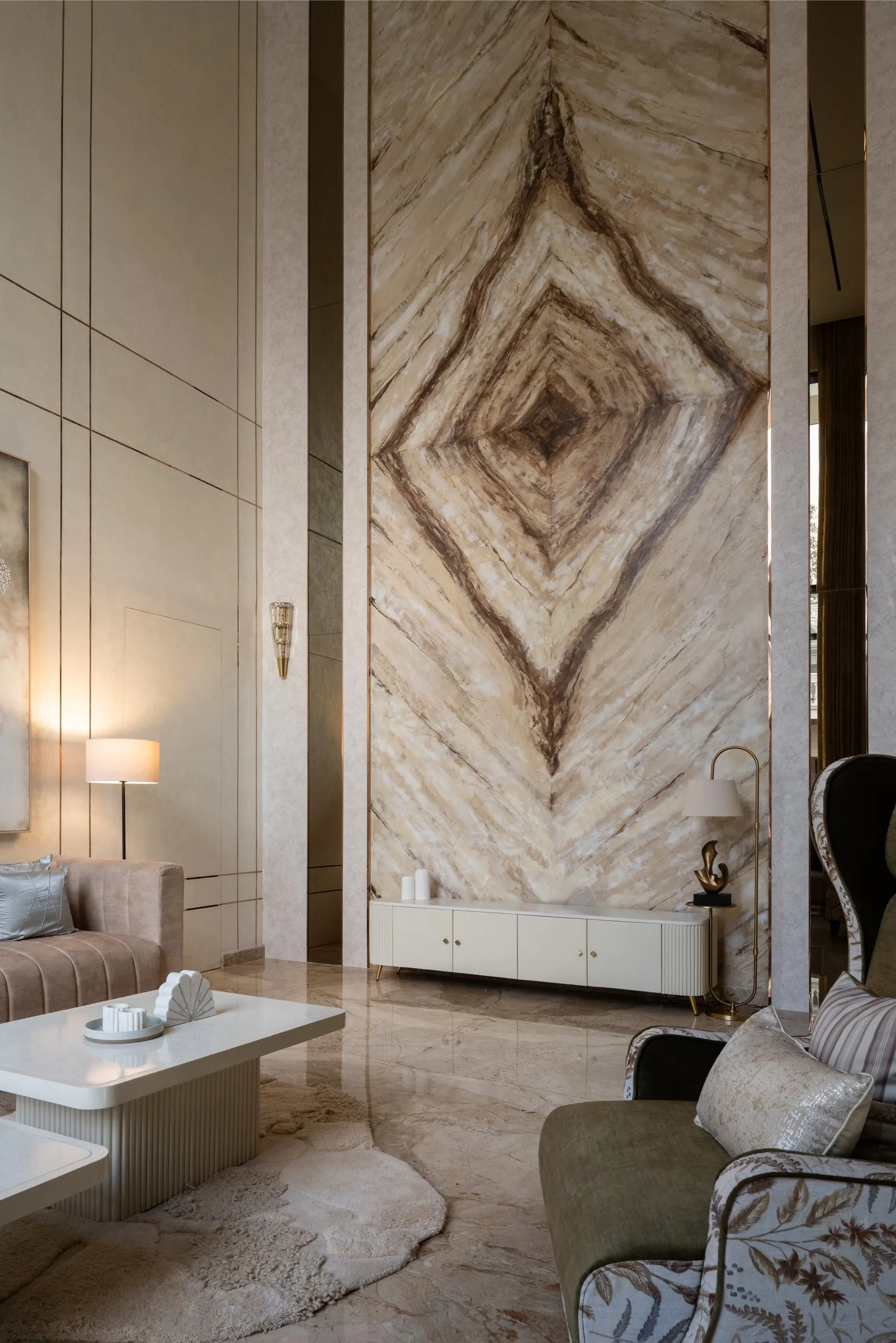Book-matched marble feature wall in the living room