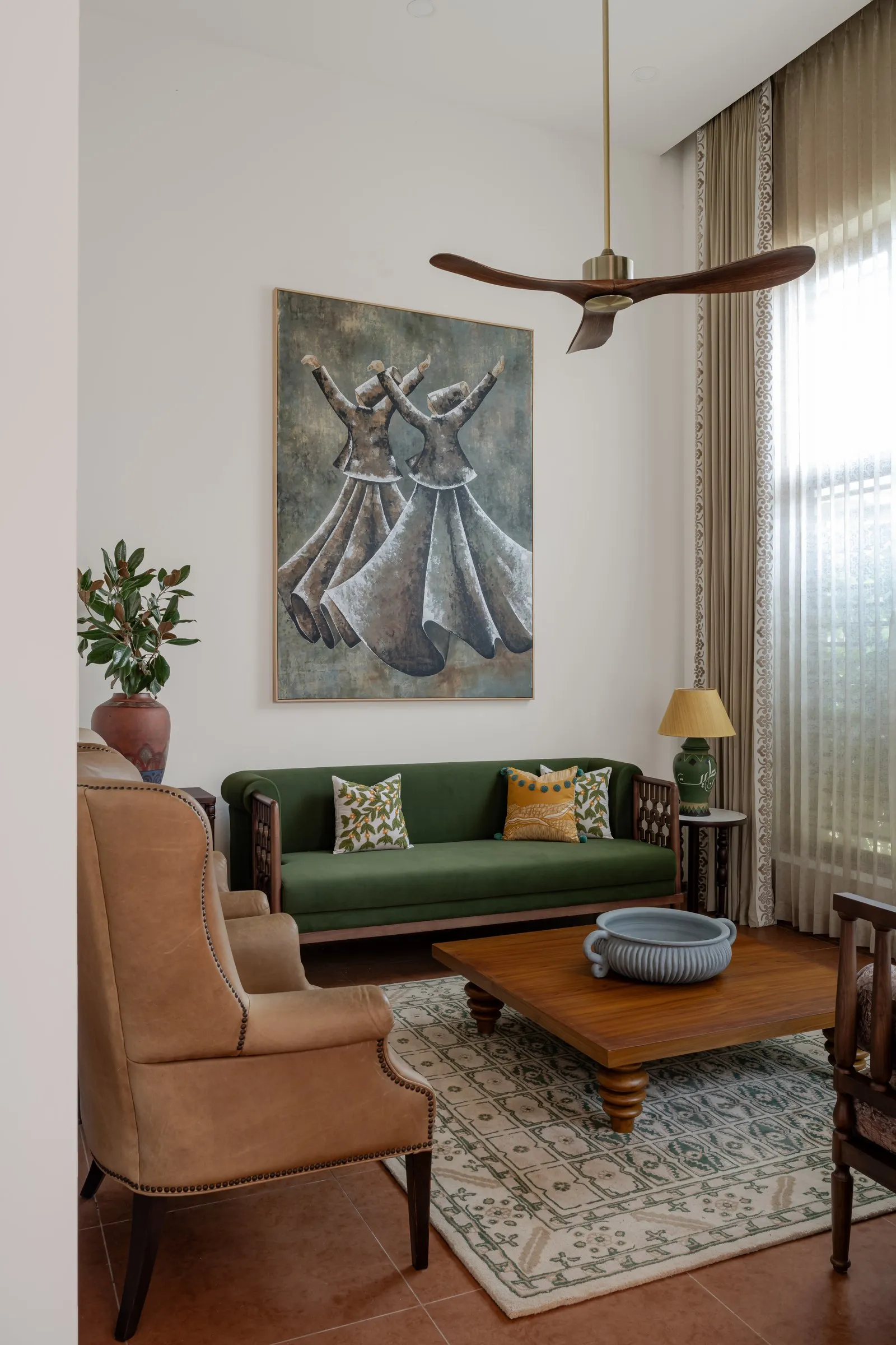 Sitting room with a green sofa